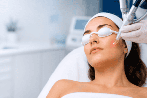 Mujer recibiendo tratamiento láser CO₂ fraccionado en rostro.